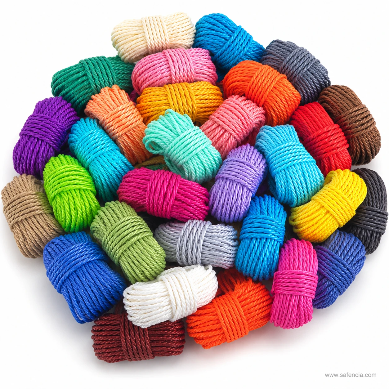 Coloured jute cord hanks arranged in a circle to show the choice of shades