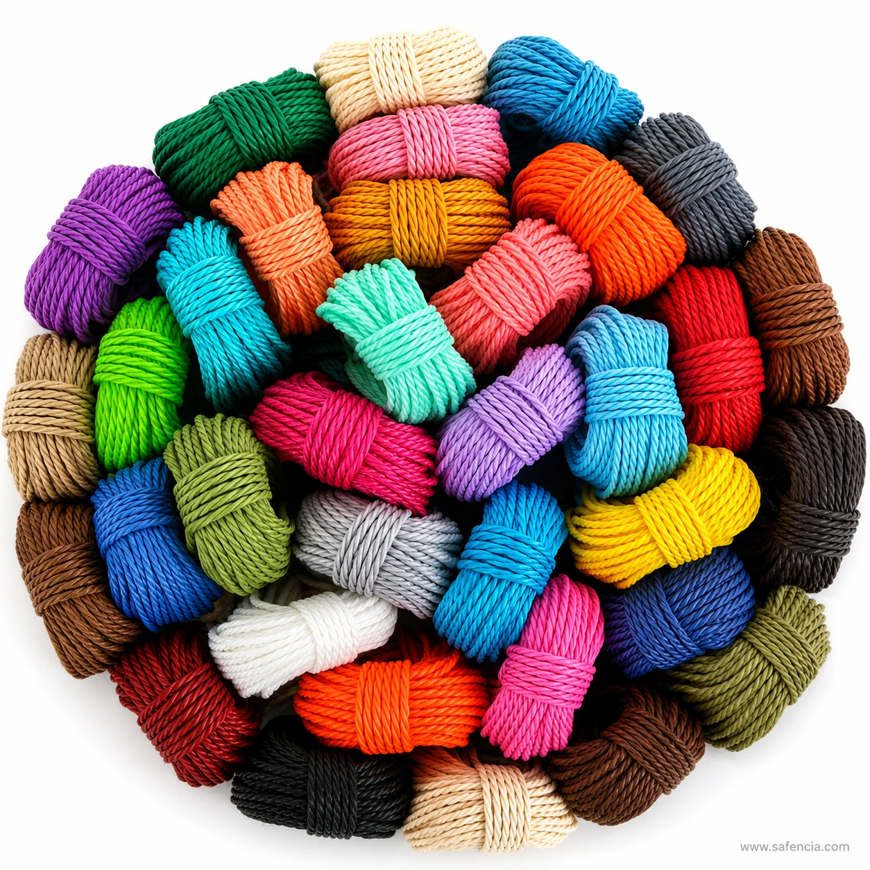 Pile of coloured jute cord hanks showing the twisted rope texture