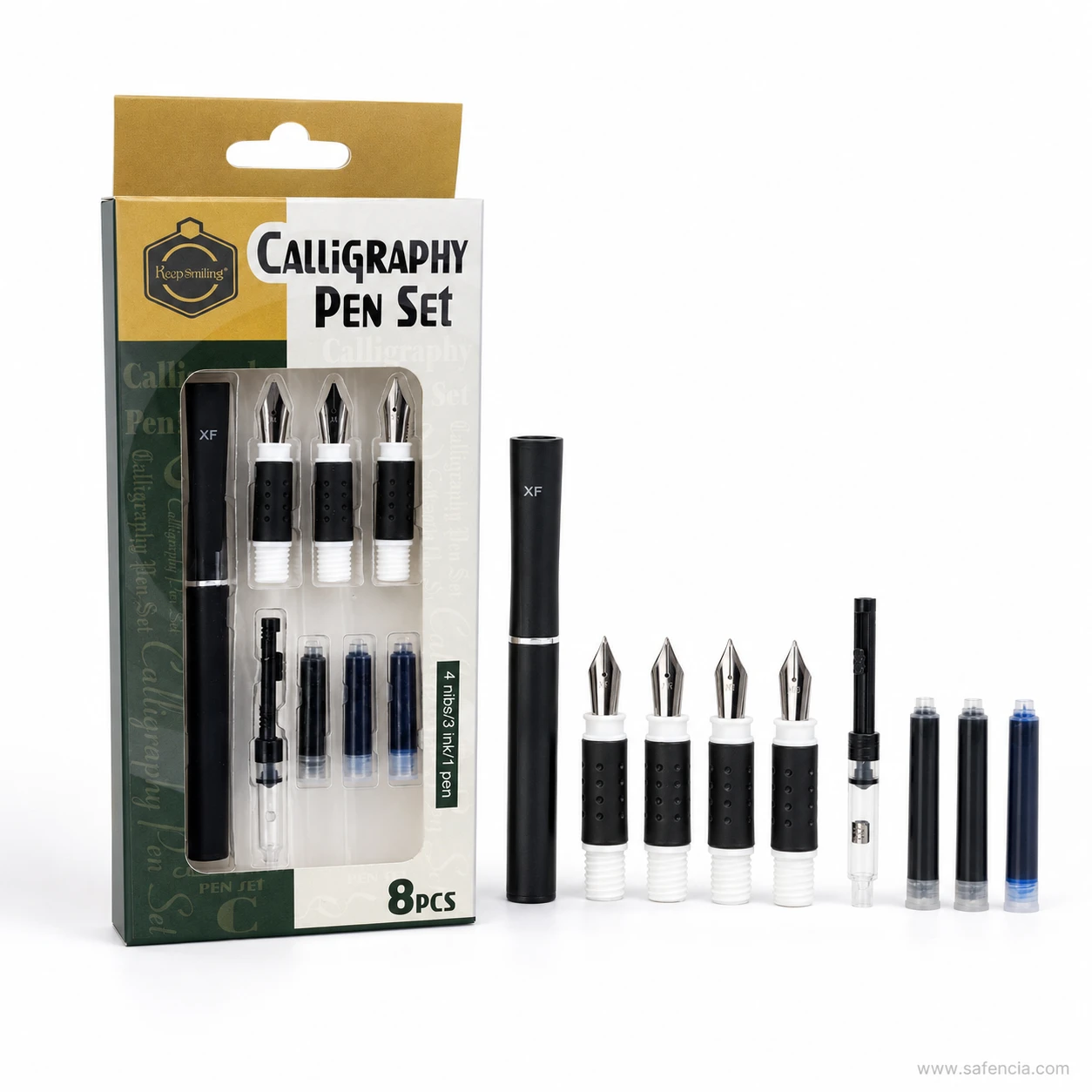 The calligraphy set components laid out: the cartridge pen, screw-in nib units and blue ink cartridges
