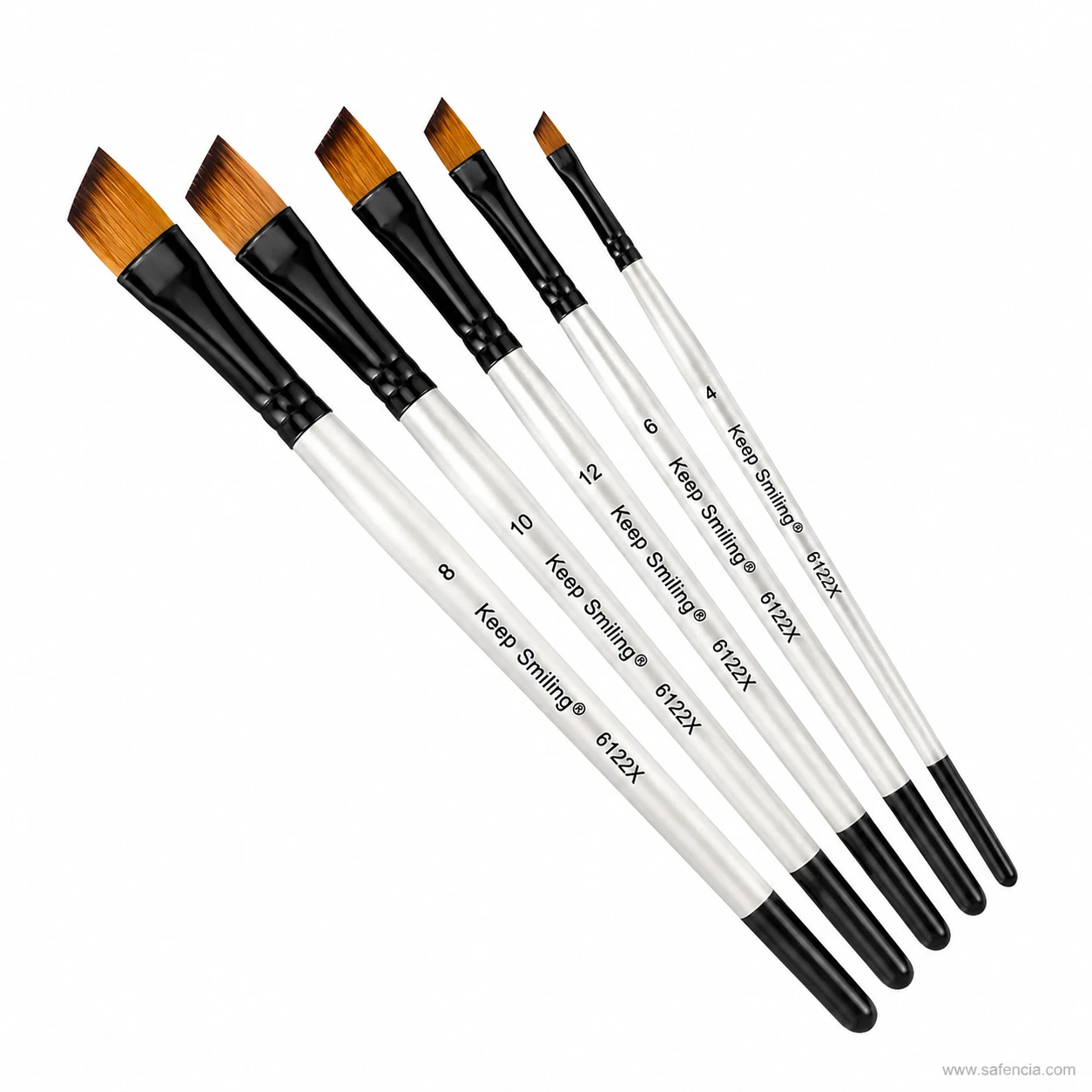Keep Smiling chisel tip brush set of 6 laid flat showing printed handle sizes