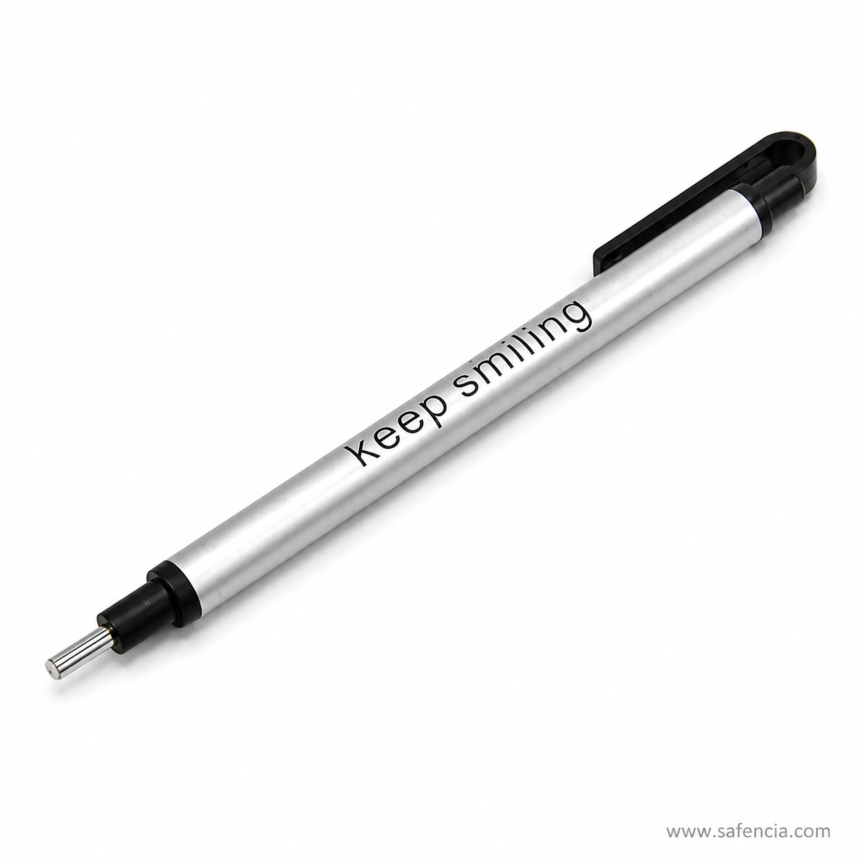 Keep Smiling eraser pen at an angle showing the black pocket clip and the white 2.3mm core extending from the metal sleeve tip