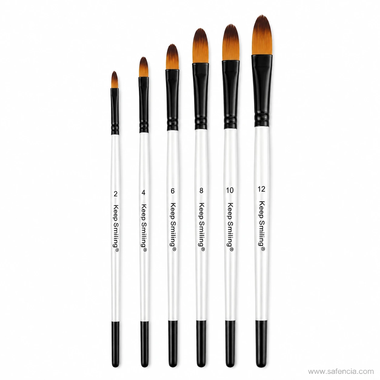 Keep Smiling filbert brushes stood in a row in size order