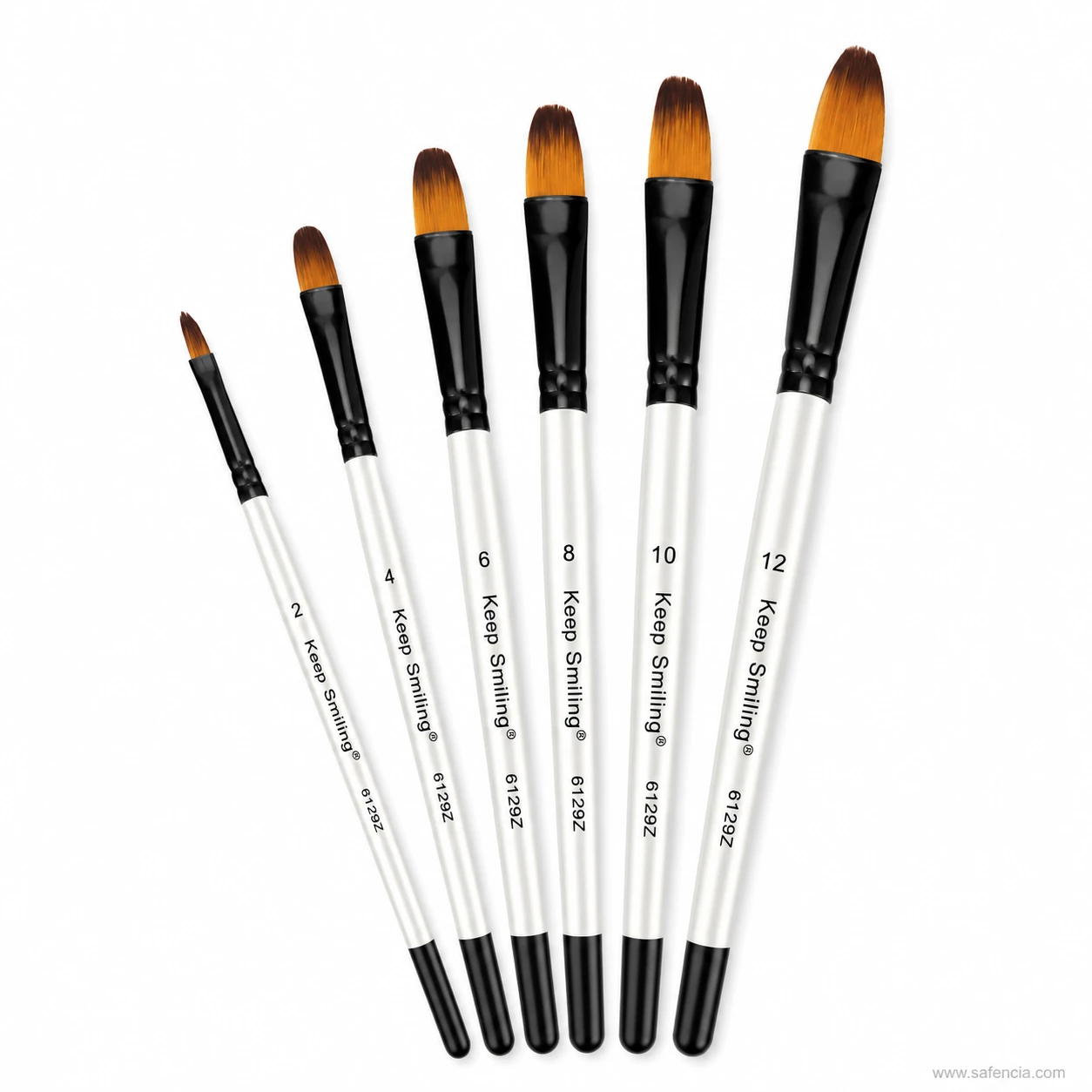 Six Keep Smiling filbert brushes fanned to show the width ladder