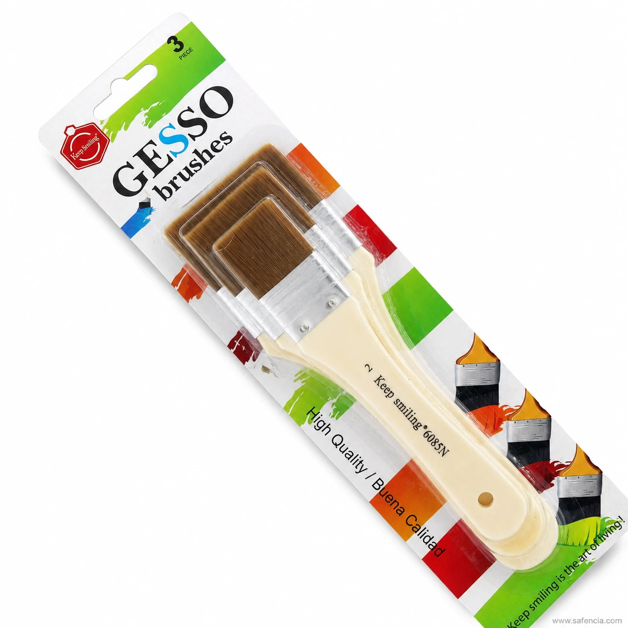 Front of the Keep Smiling gesso brush set pack marked 3 piece