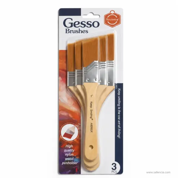Keep Smiling Gesso Brush Set of 3 — Wooden Handles, 1, 2 and 3 inch