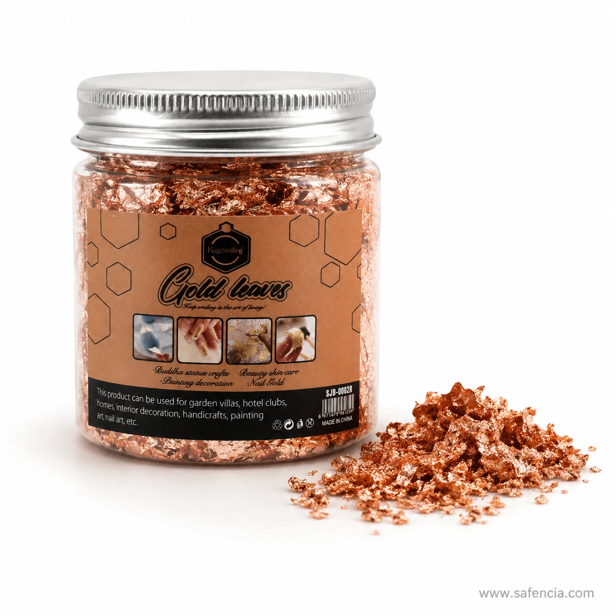 Copper metallic foil flakes jar with loose copper flakes beside it