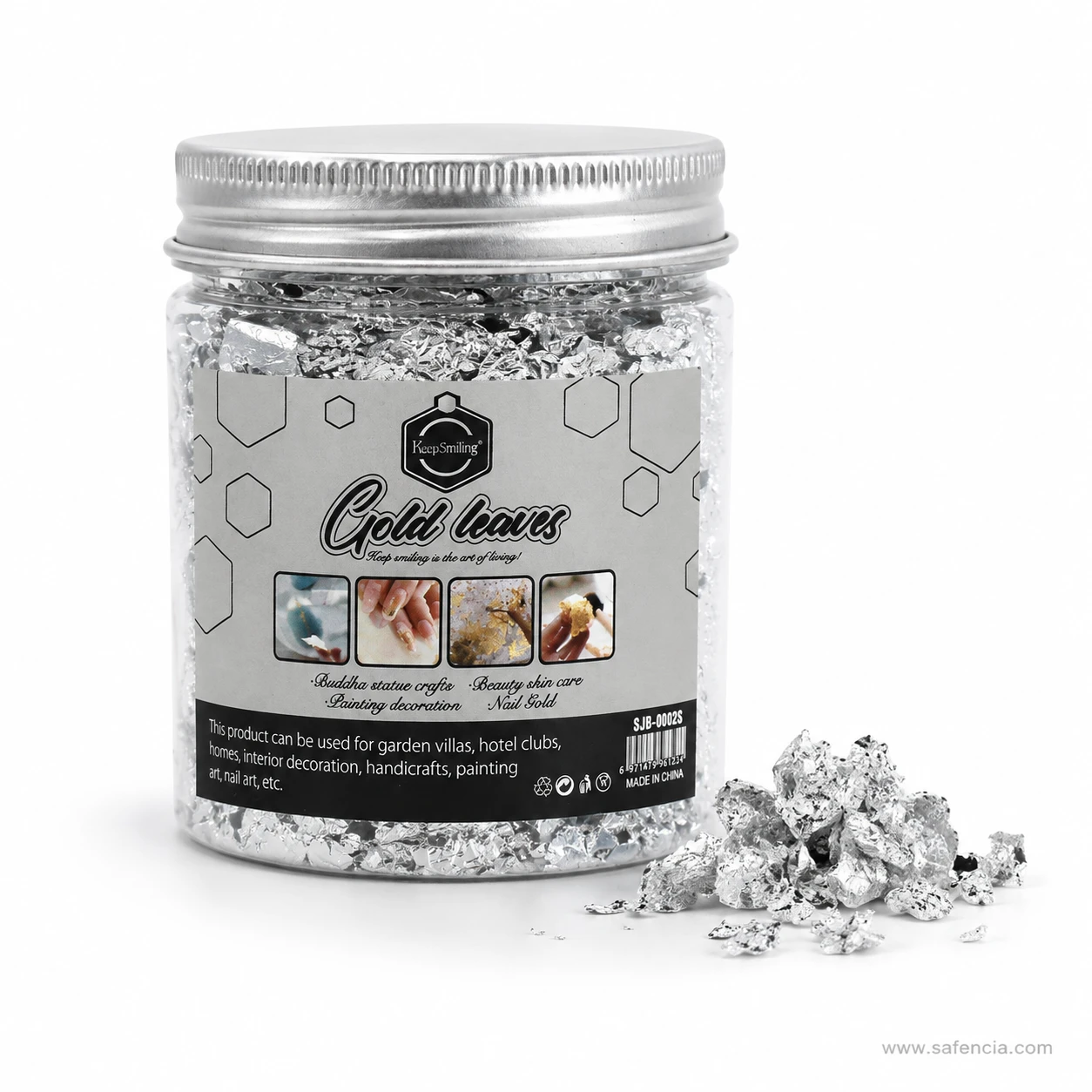 Silver metallic foil flakes jar with screw lid and loose flakes