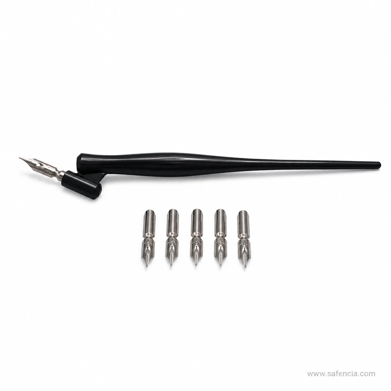 Keep Smiling oblique calligraphy pen holder showing brass metal flange and steel pointed nibs