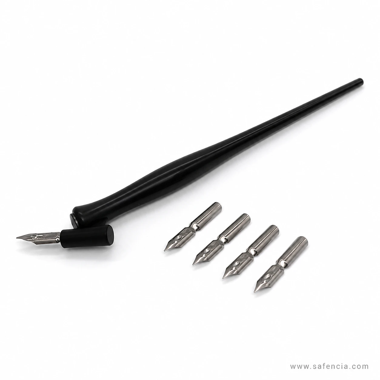The Keep Smiling oblique calligraphy holder seen along its length, showing the tapered black barrel