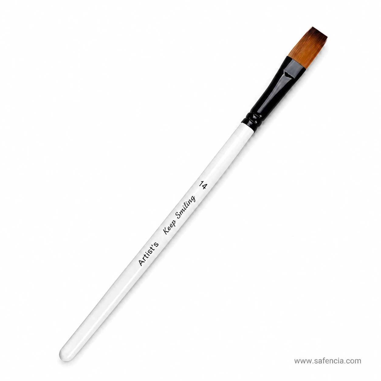 Artist's Keep Smiling flat brush handle printed in script with its size