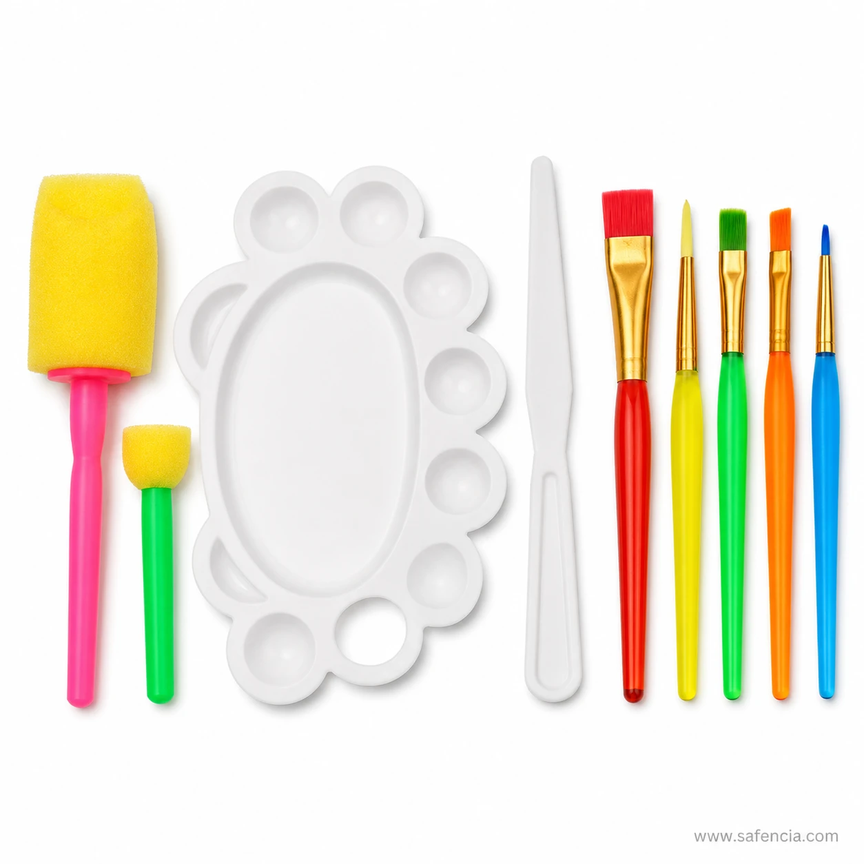 Five Keepsmiling brushes and the palette knife lined up beside the flower palette