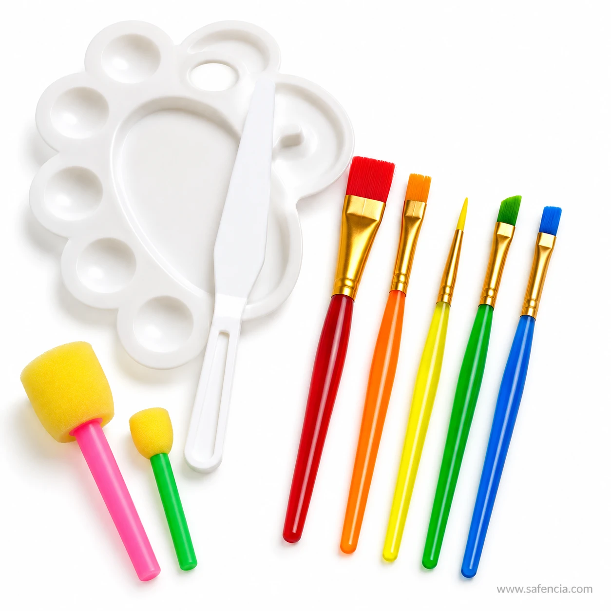 Keepsmiling flower palette with its oval mixing bay beside the five coloured brush handles