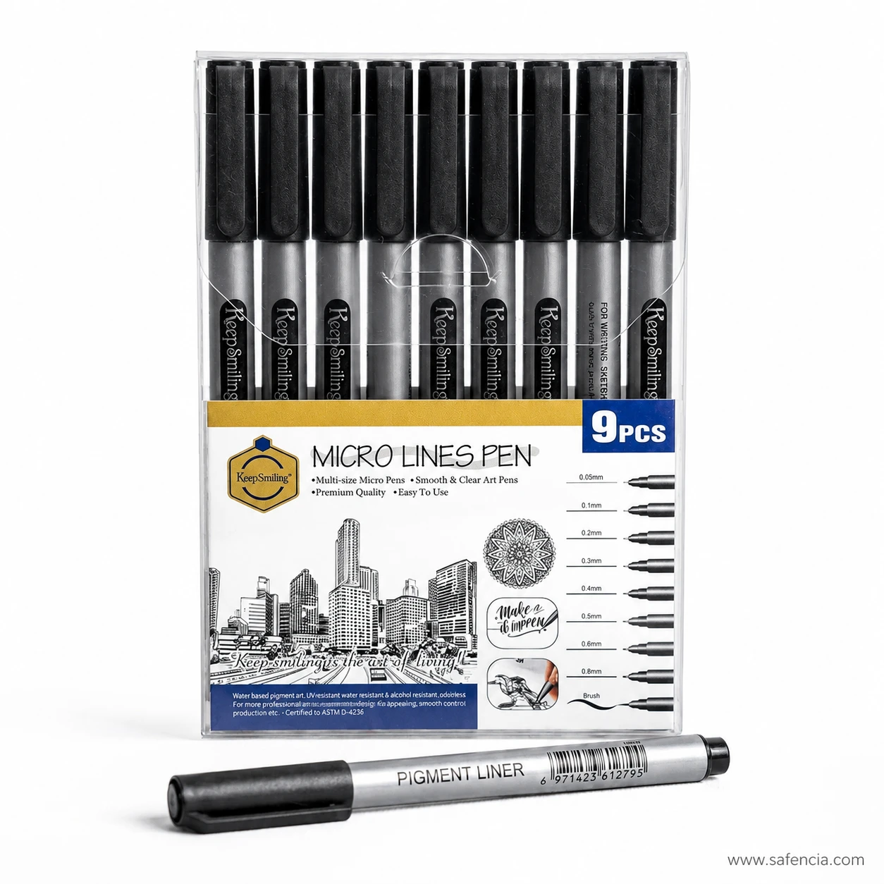 Micro Lines Pen box showing the printed width chart from 0.05 mm to brush
