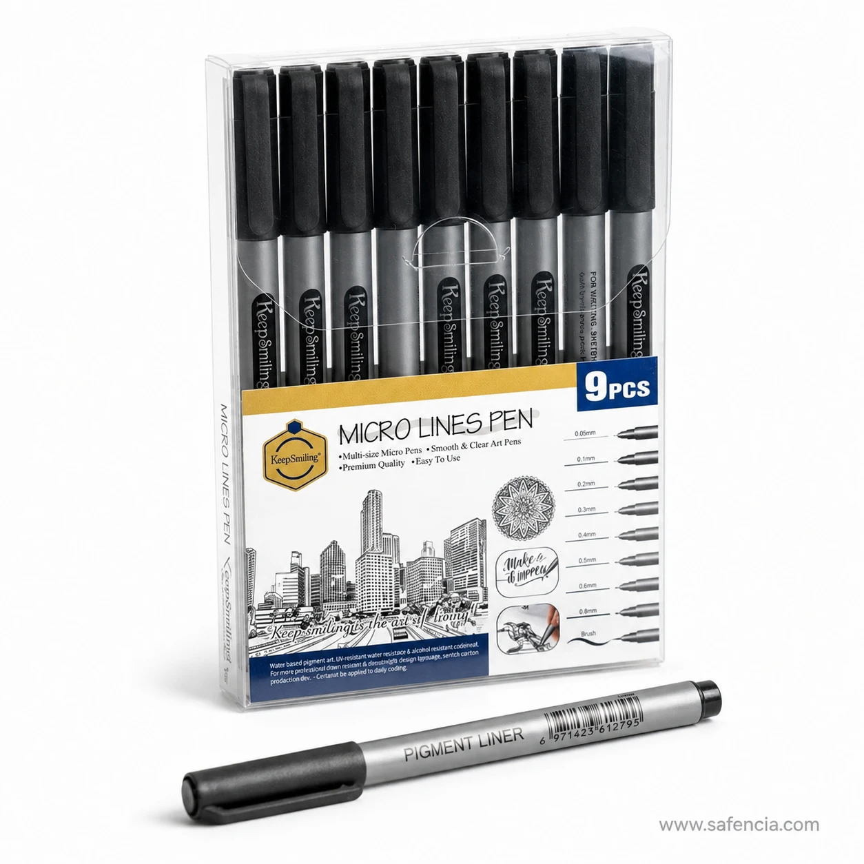 Angled view of the Micro Lines Pen set showing all nine black liners upright
