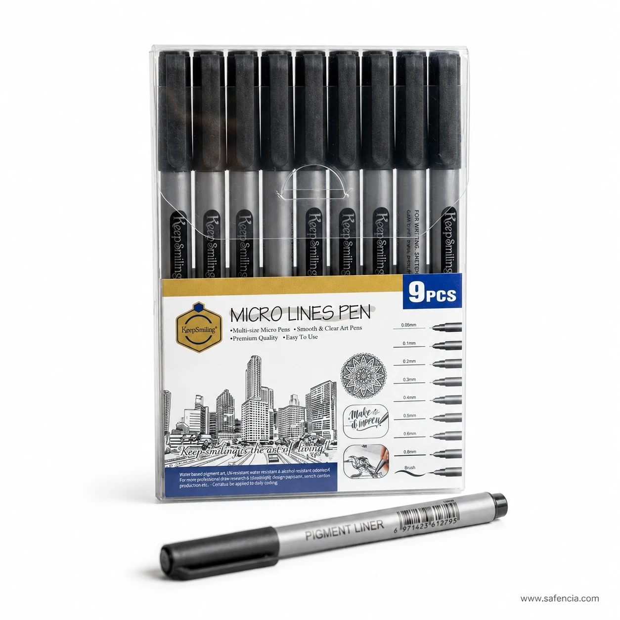 Single Keep Smiling pigment liner laid in front of the boxed set