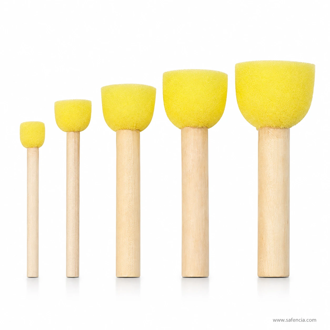 Front view of five round dabber foam brushes standing upright showing wooden handles
