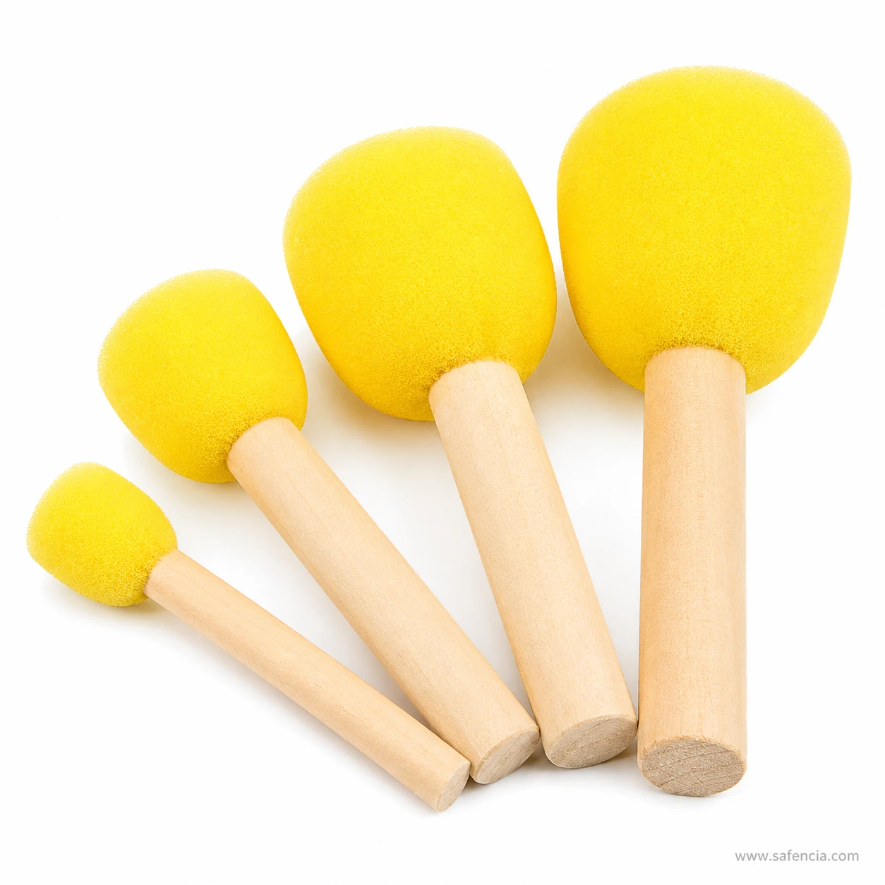 Five round dabber foam brushes grouped together showing the rounded foam heads