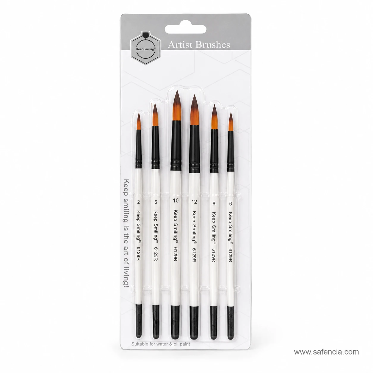 Front of the Keep Smiling round tip brush set of 6 blister card