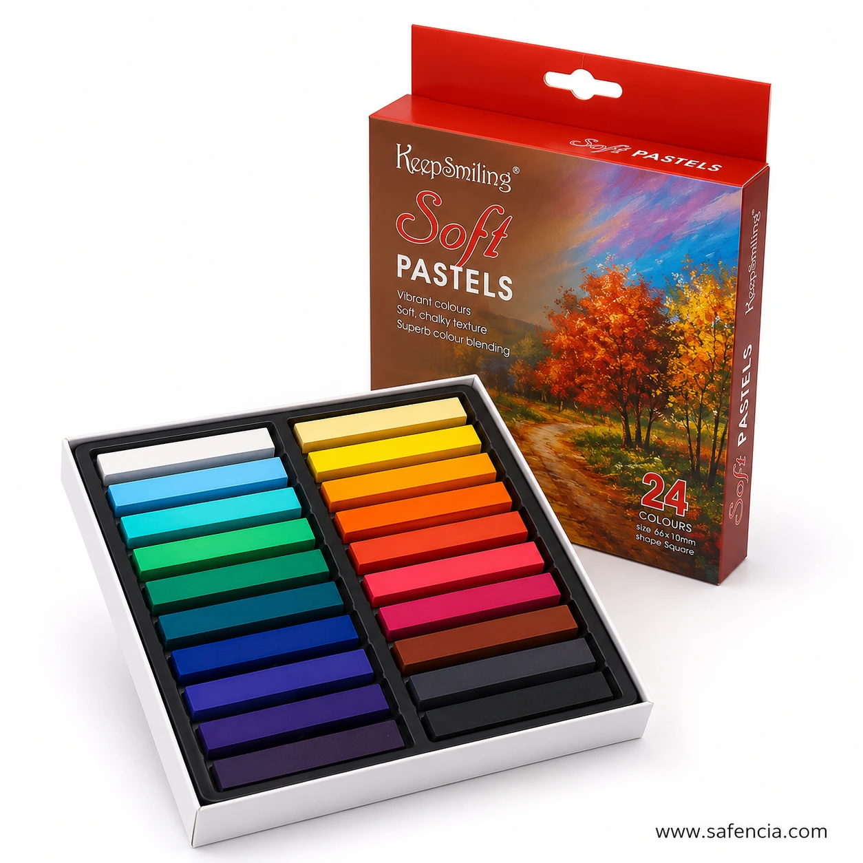 Keep Smiling Soft Pastels box standing behind the open tray of 24 pastels
