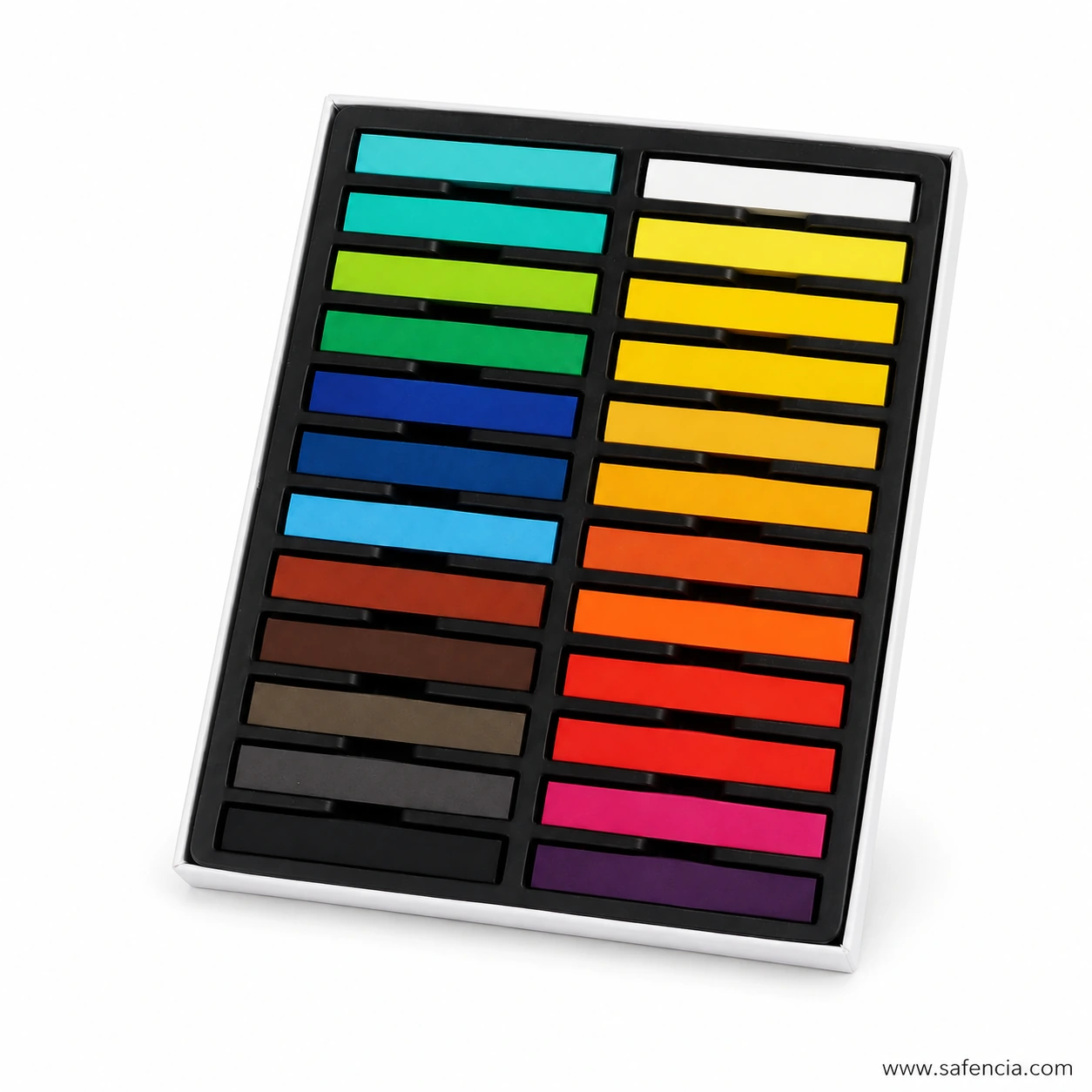 Tray of 24 Keep Smiling square soft chalk pastels shown at a tilt