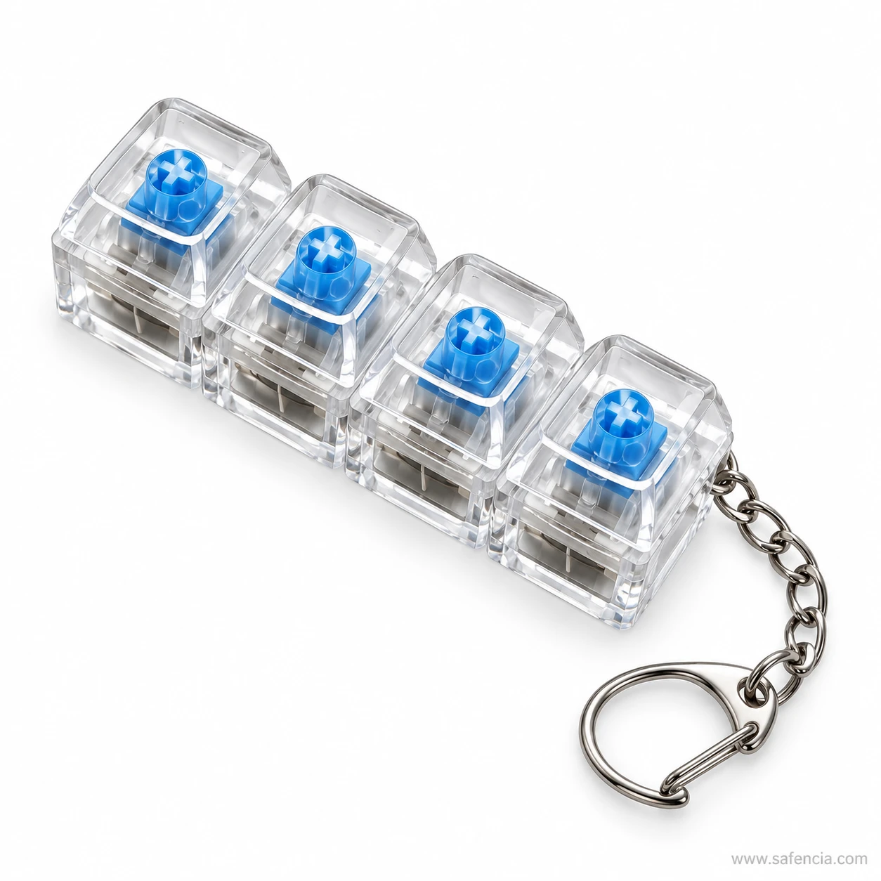 Angled view of the four-key keyboard clicker keychain showing the cross-shaped blue switch stems