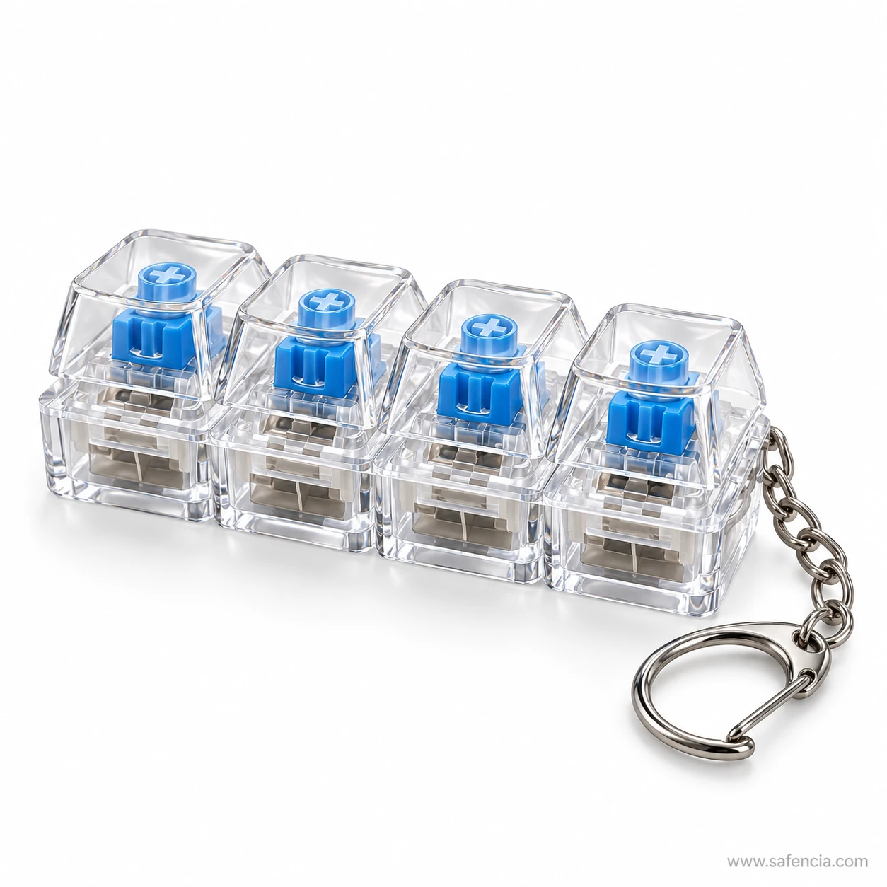 Clear four-key keyboard clicker keychain with blue switches and a metal chain and clasp