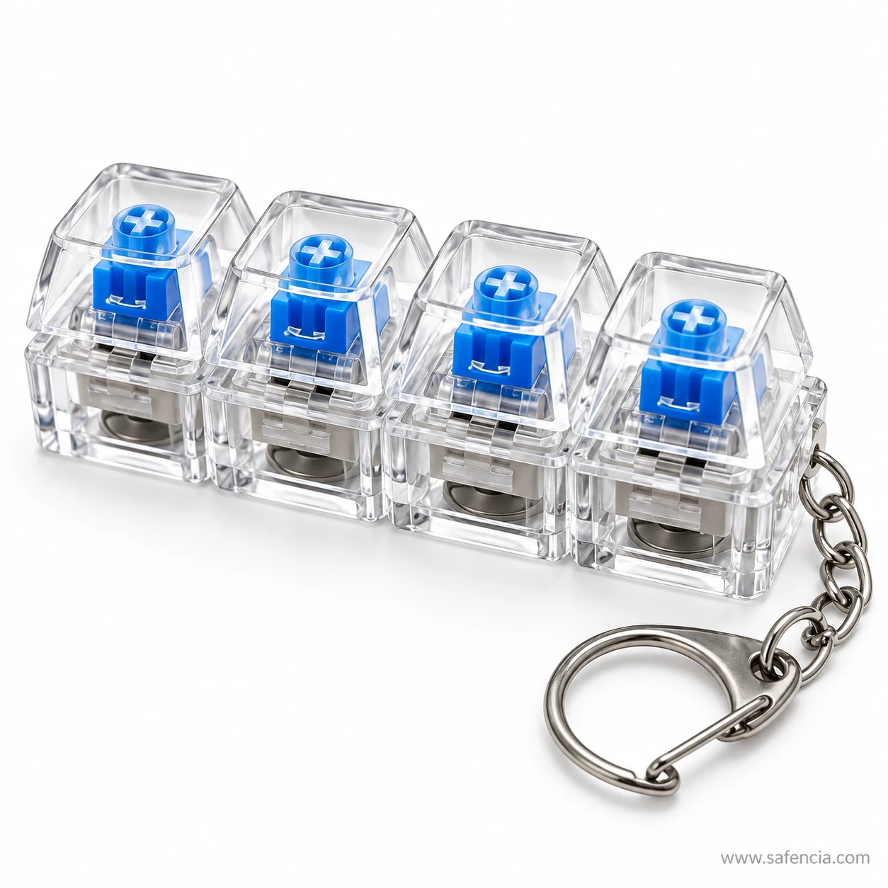 Row of four clear keys on the keyboard clicker keychain with the metal clasp hanging to one side