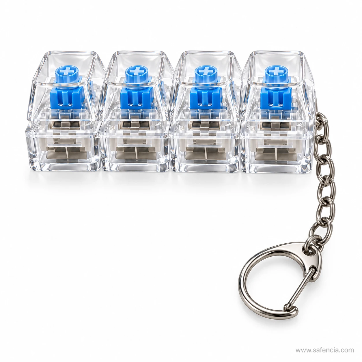 Straight-on view of the keyboard clicker keychain showing four keycaps and a metal chain