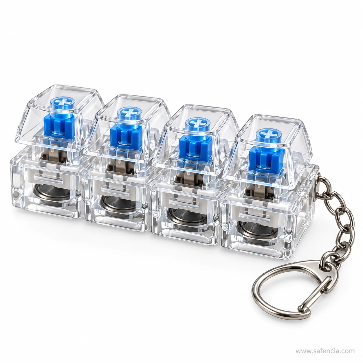 Keyboard clicker keychain from the front showing switch housings through the transparent case