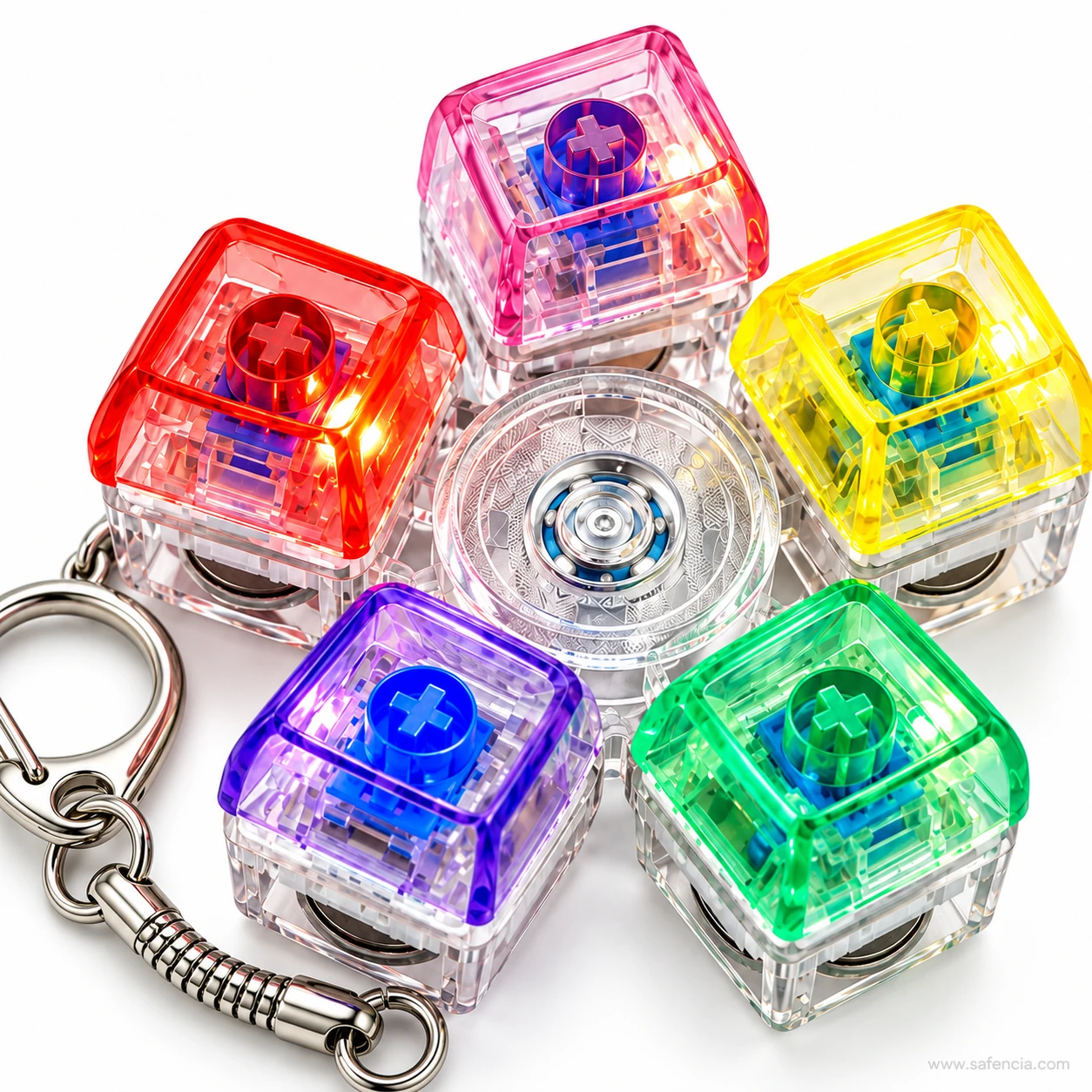 Close view of the keyboard keychain fidget spinner showing the clear keycaps and central bearing