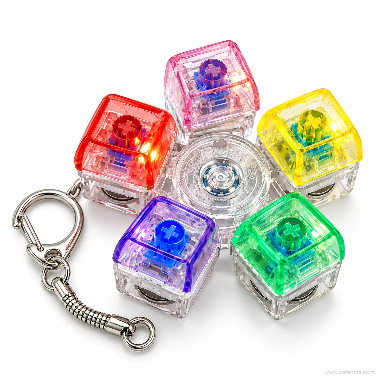 Flower-shaped keyboard keychain fidget spinner with red, pink, yellow, green and purple clear keys