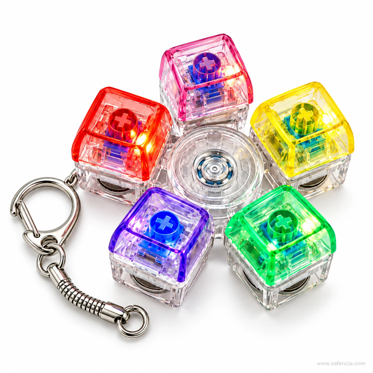 Flat view of the five-key keyboard keychain fidget spinner with the red key lit and keychain beside it