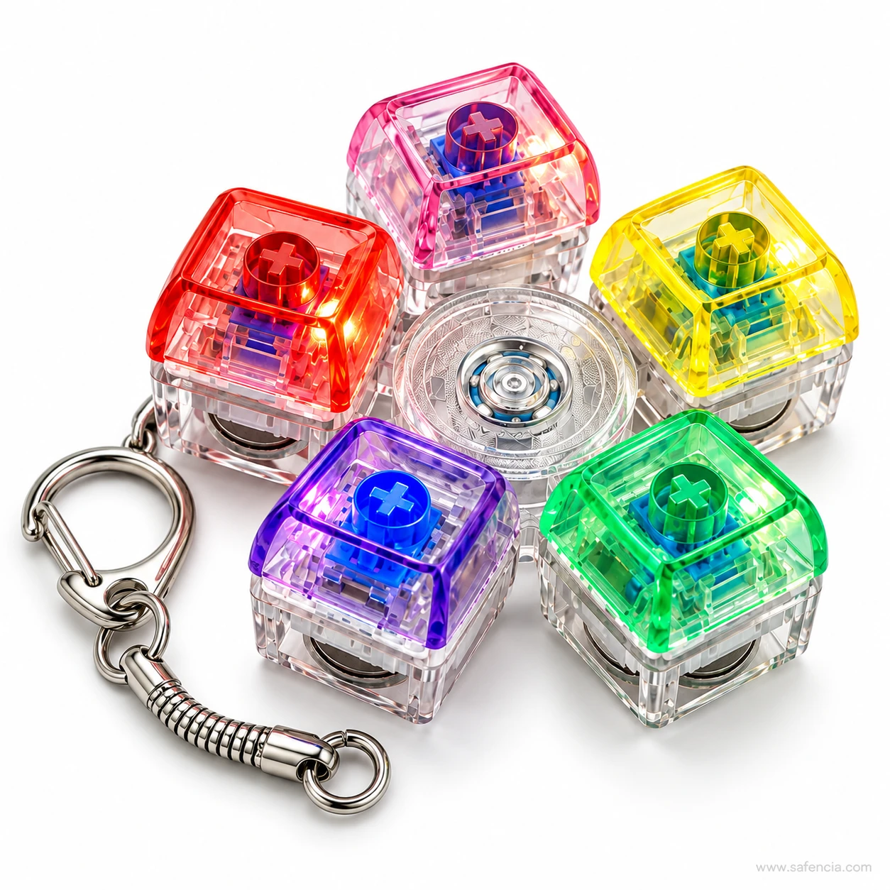 Keyboard keychain fidget spinner with several of its five coloured keys lit from underneath