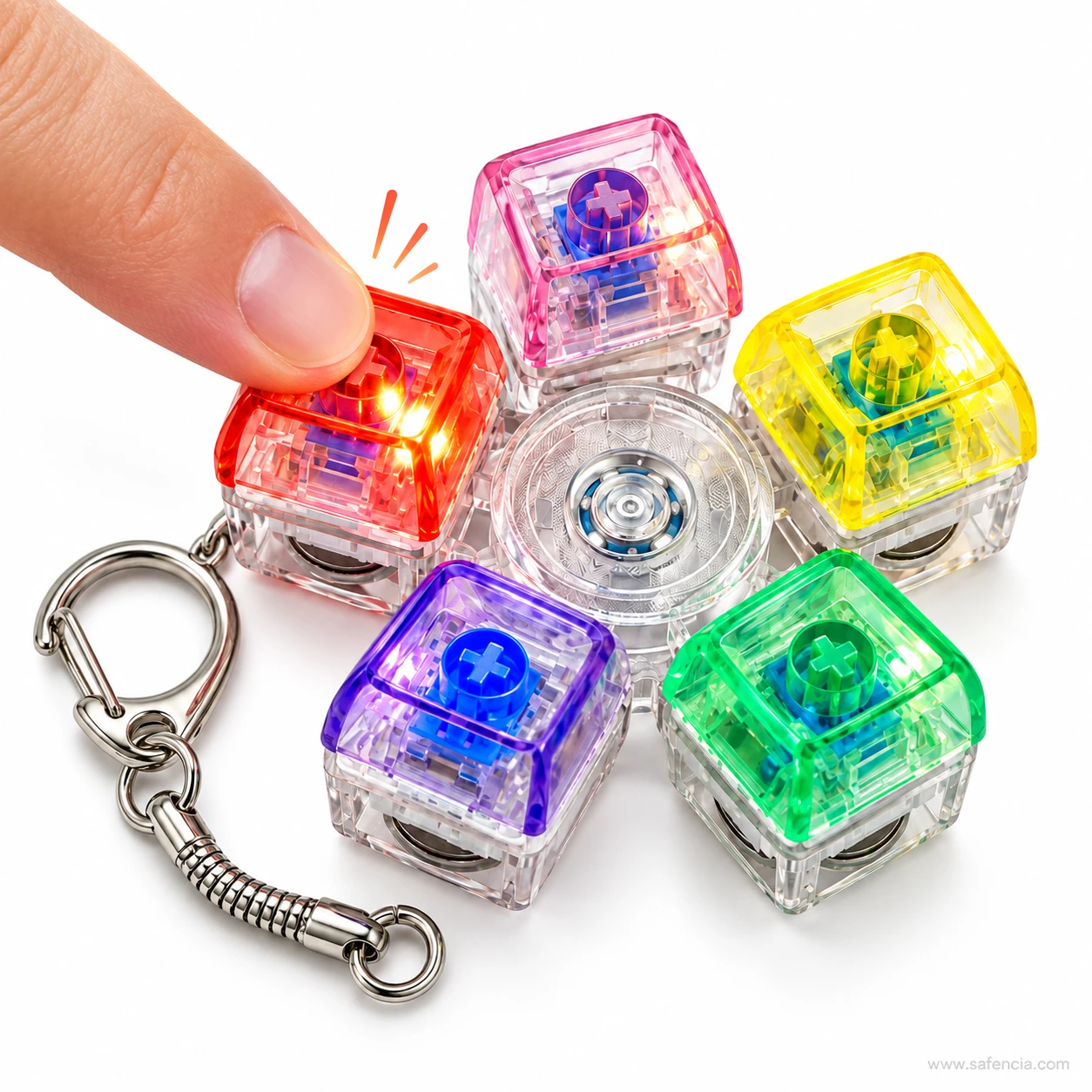 Finger clicking the red key of the five-key keyboard keychain fidget spinner as it lights up