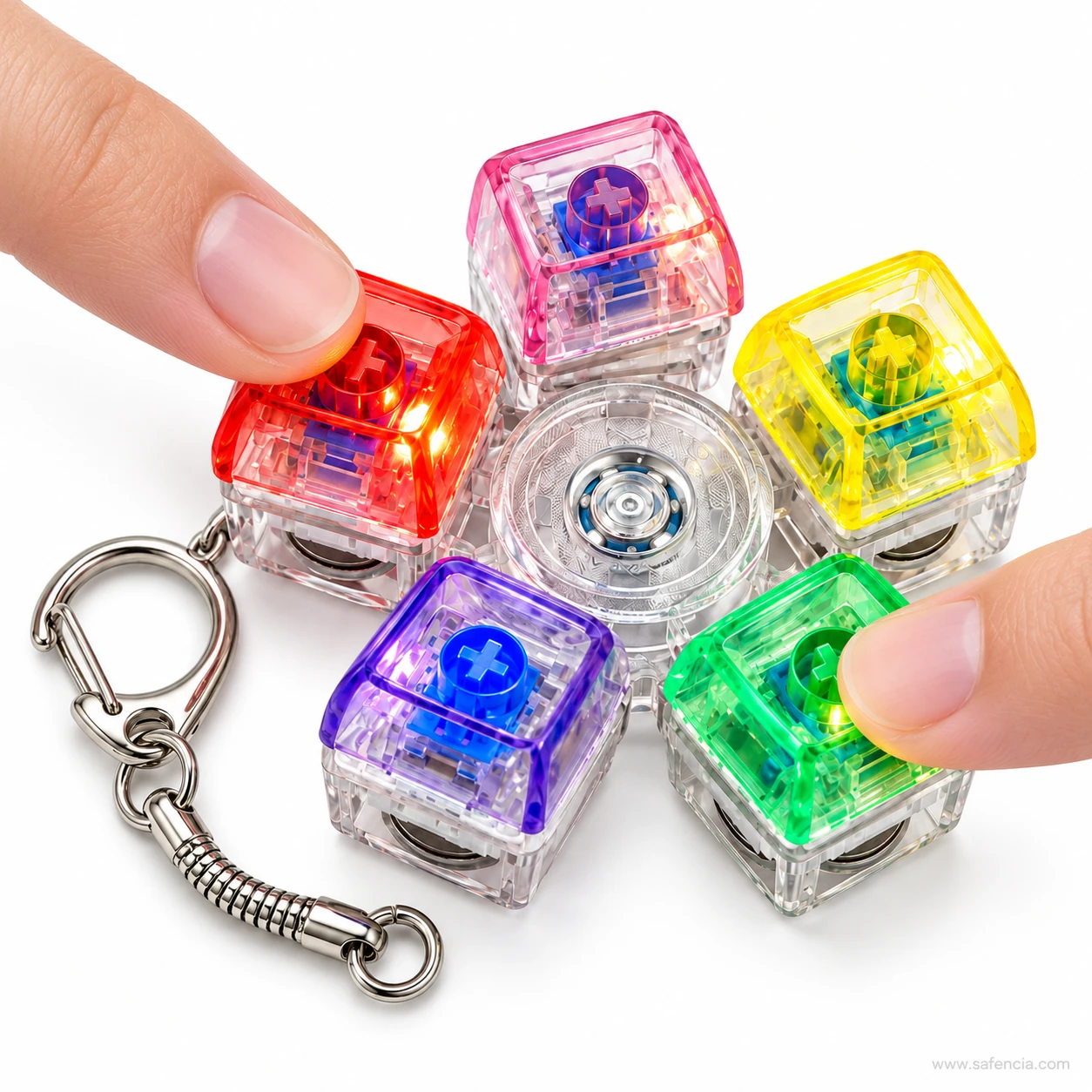 Two fingers pressing the red and green keys of the keyboard keychain fidget spinner at once