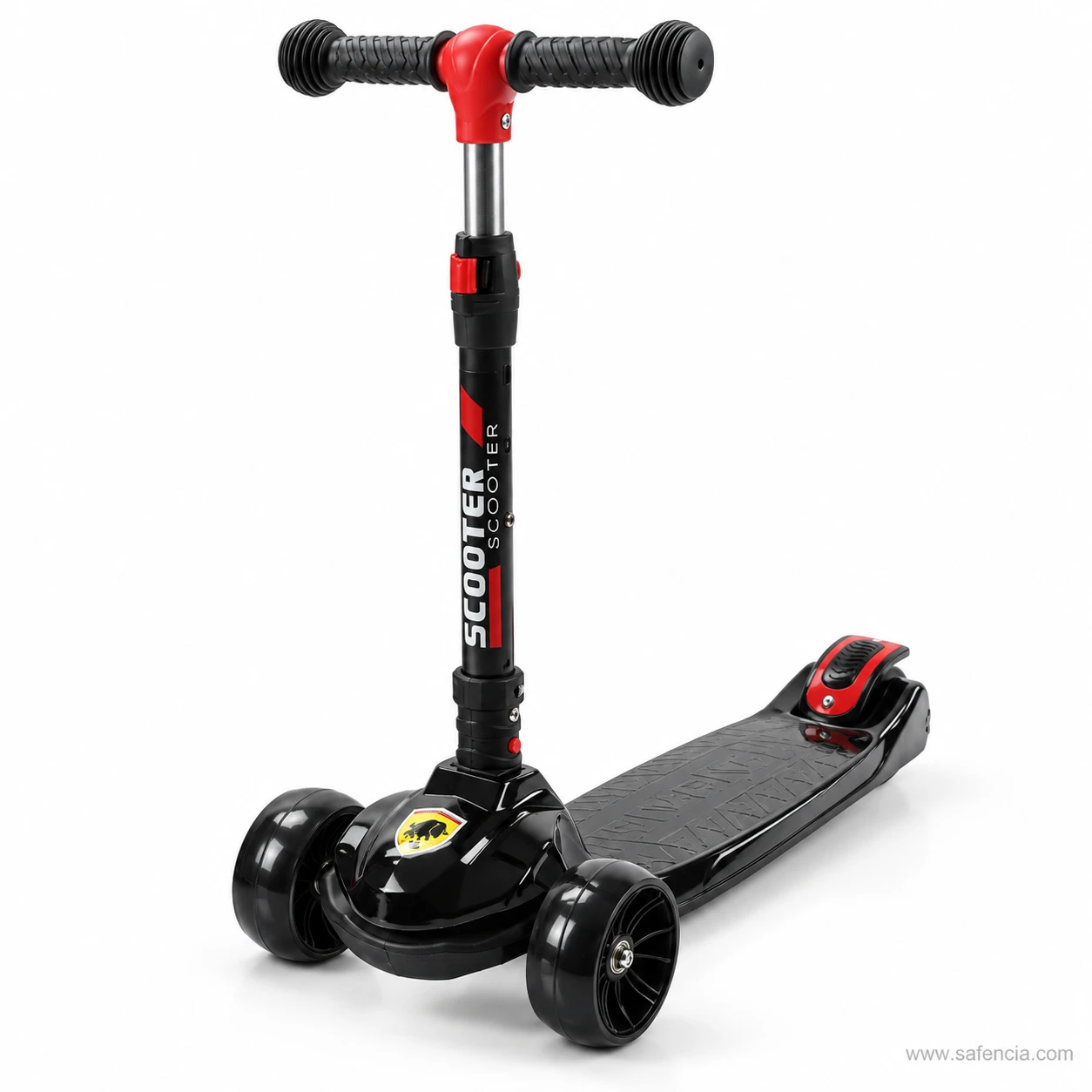 Glossy black three-wheel kick scooter for kids with a yellow shield badge and red-trimmed grip
