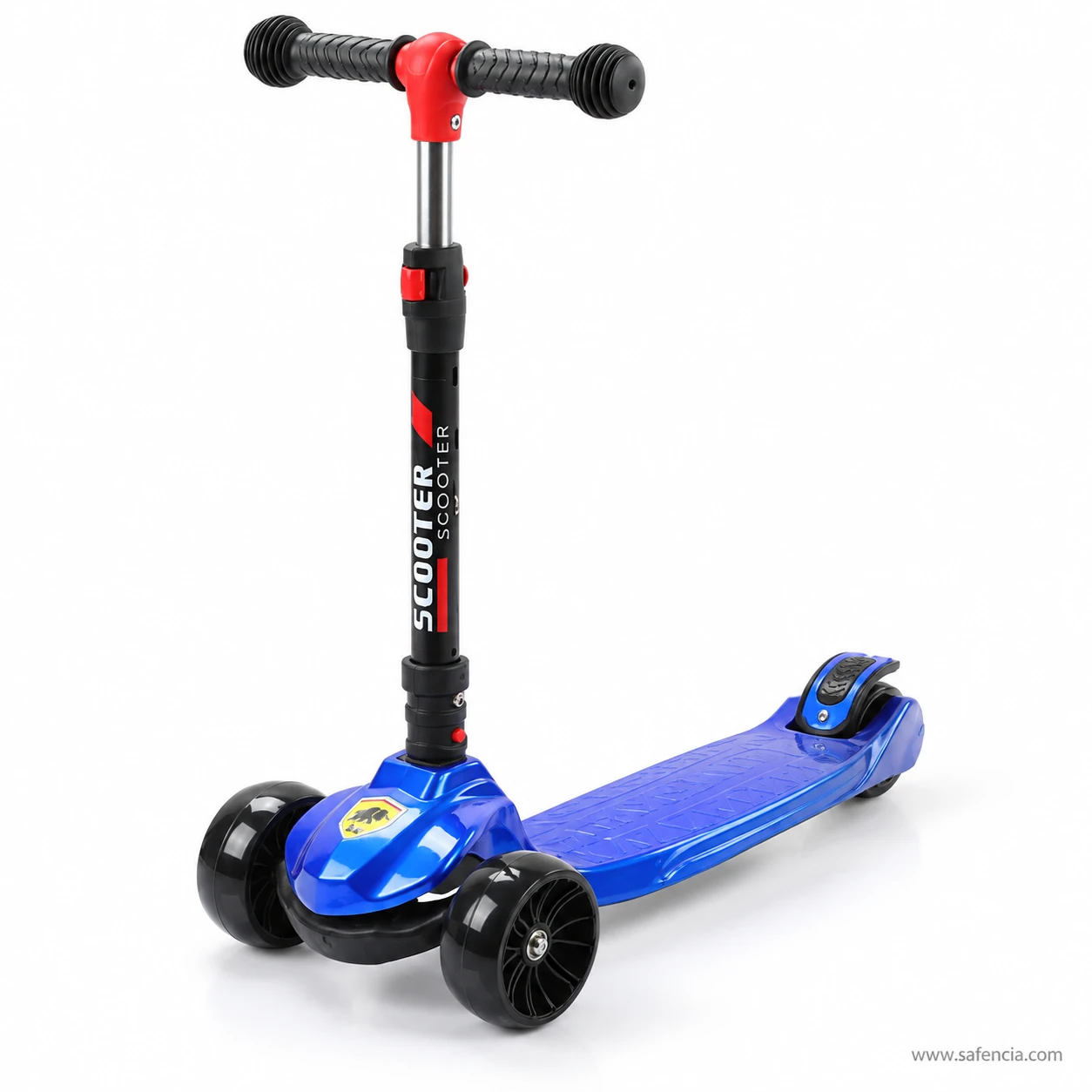Royal blue three-wheel kick scooter for kids from a front angle with the shield badge and black stem
