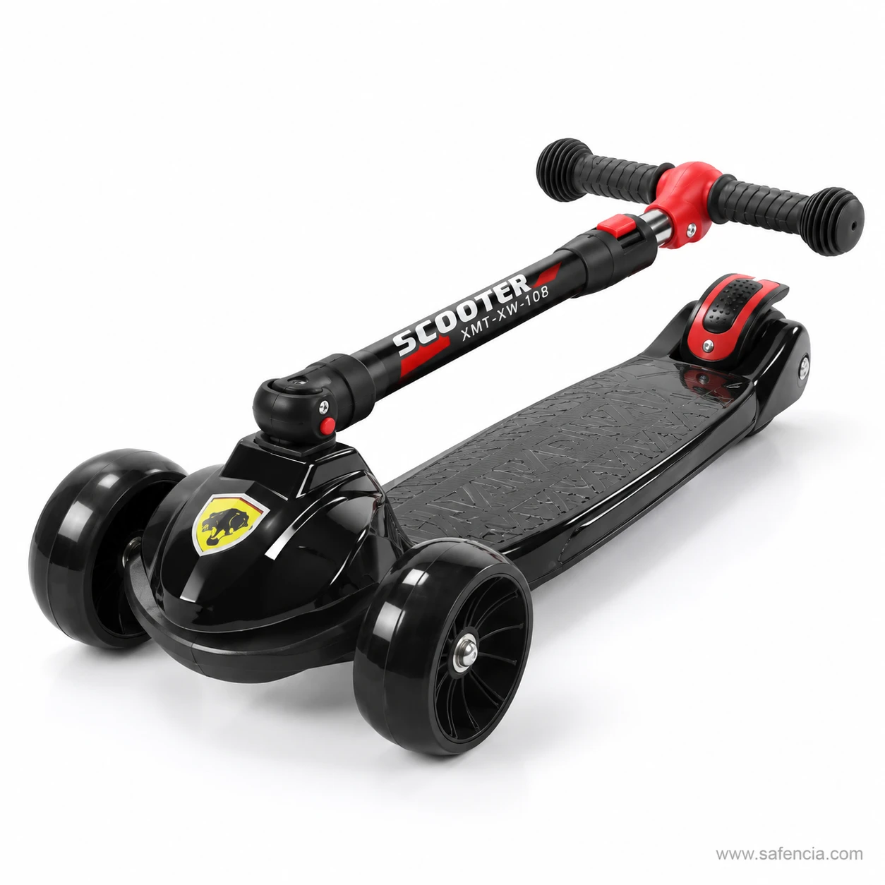 Black kick scooter for kids folded flat with the handle lying along the deck