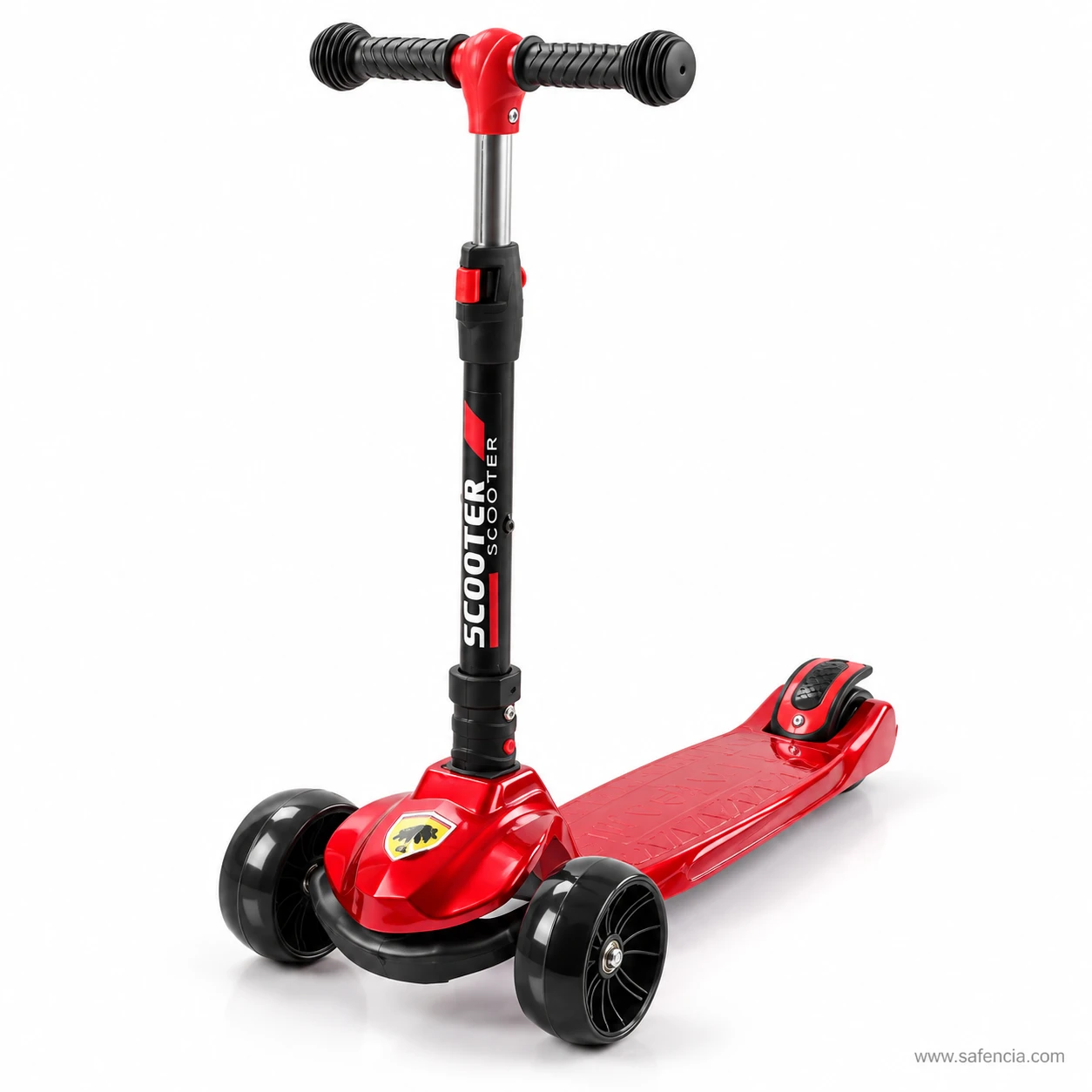 Red three-wheel kick scooter for kids from a front angle with black wheels and red grip deck