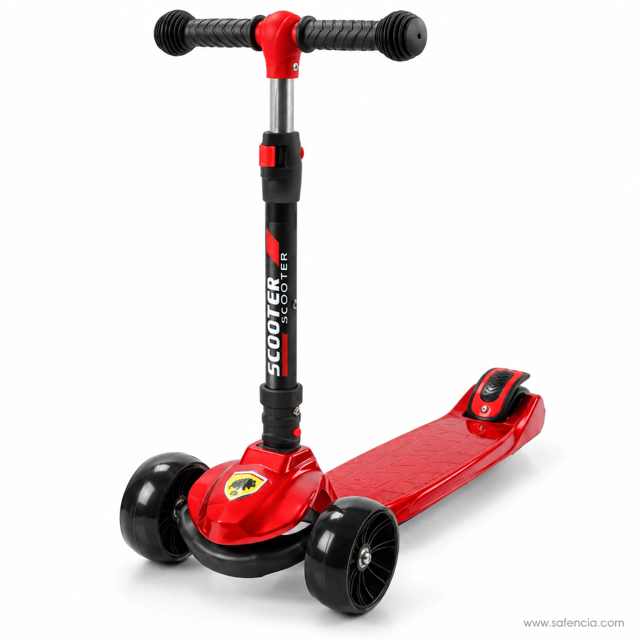 Red three-wheel kick scooter for kids with a black stem, black wheels and red grip deck