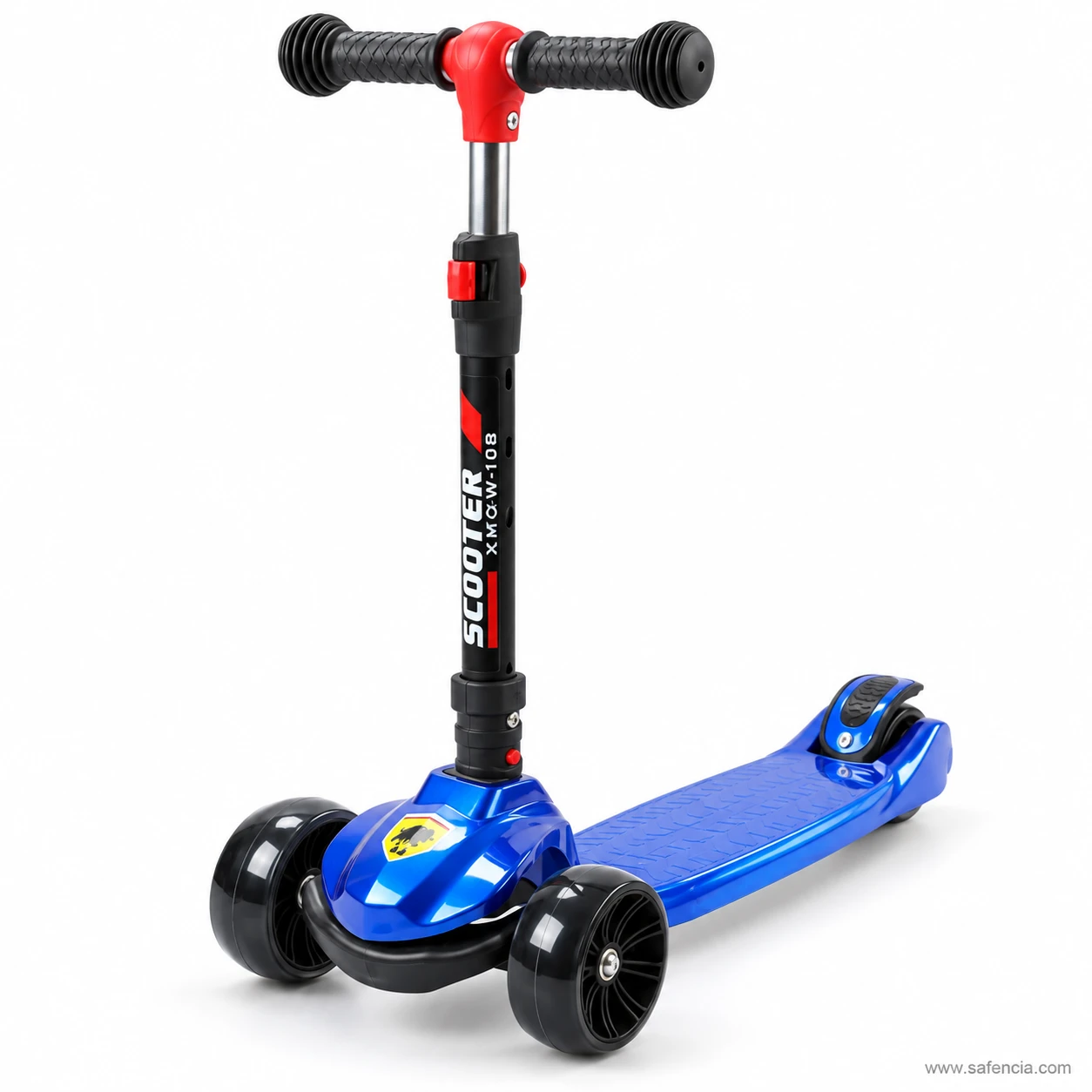 Royal blue three-wheel kick scooter for kids with black wheels and a grip deck