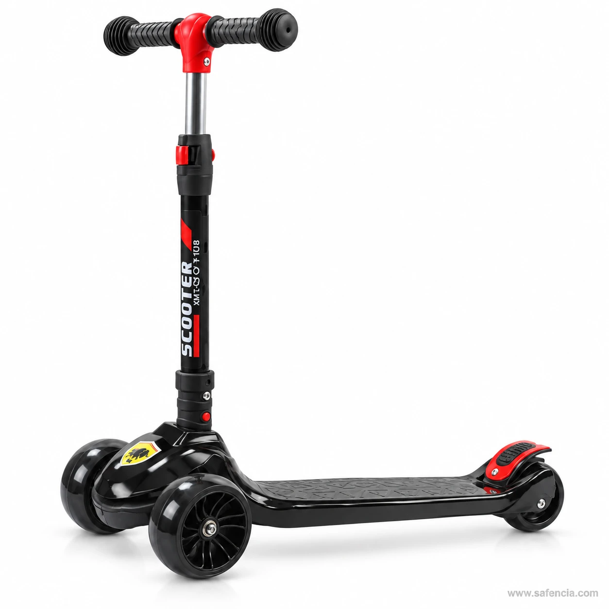 Side view of the black kick scooter for kids showing the long low deck and red rear mudguard