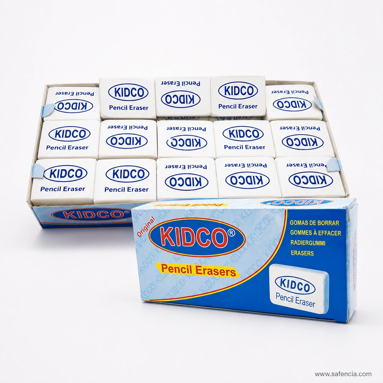 Close view of the Kidco display box showing three full rows of plain white rectangular pencil erasers each printed with the blue KIDCO oval