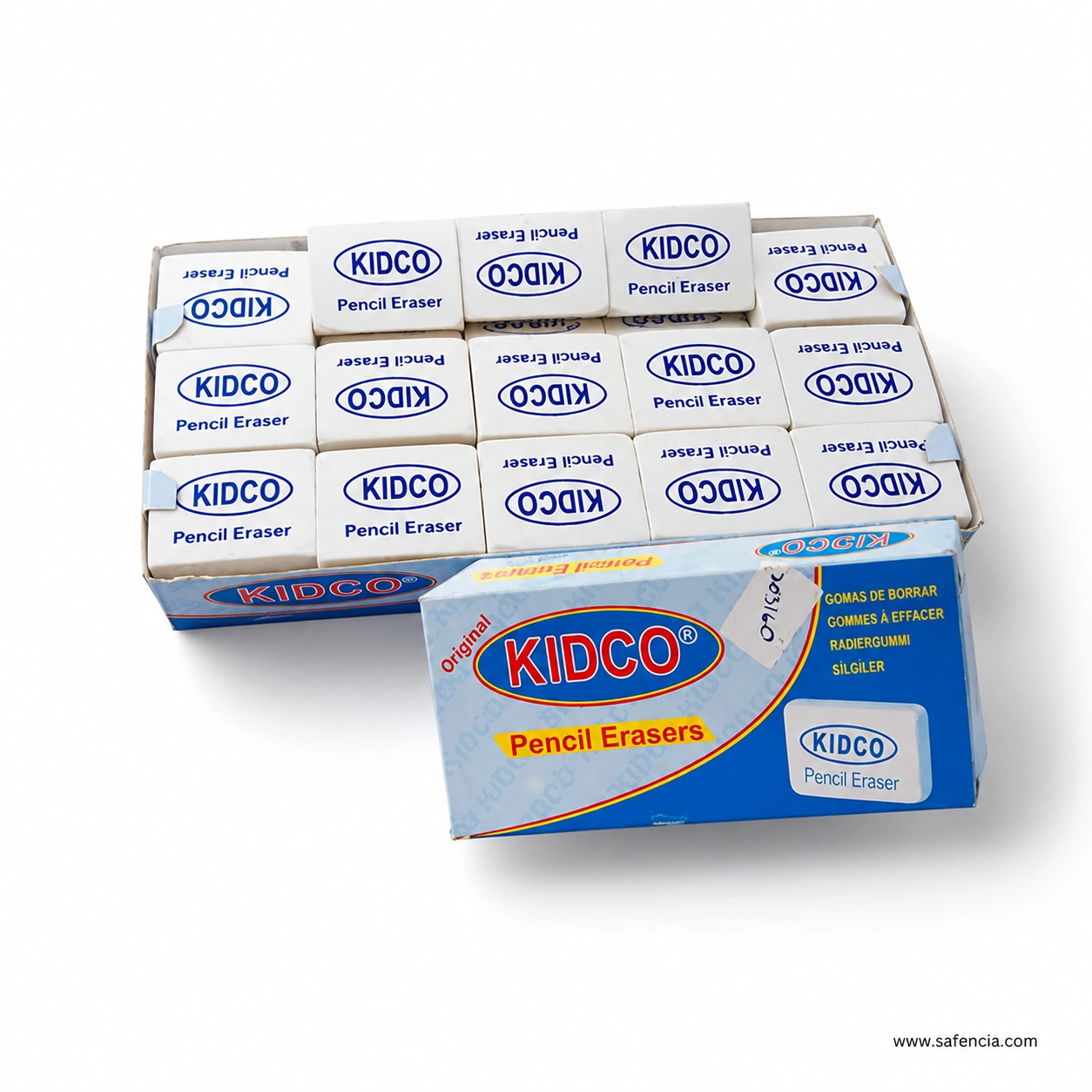 Kidco eraser display box viewed from above with the white erasers in rows and the blue lid alongside, its side panel listing the product in four languages