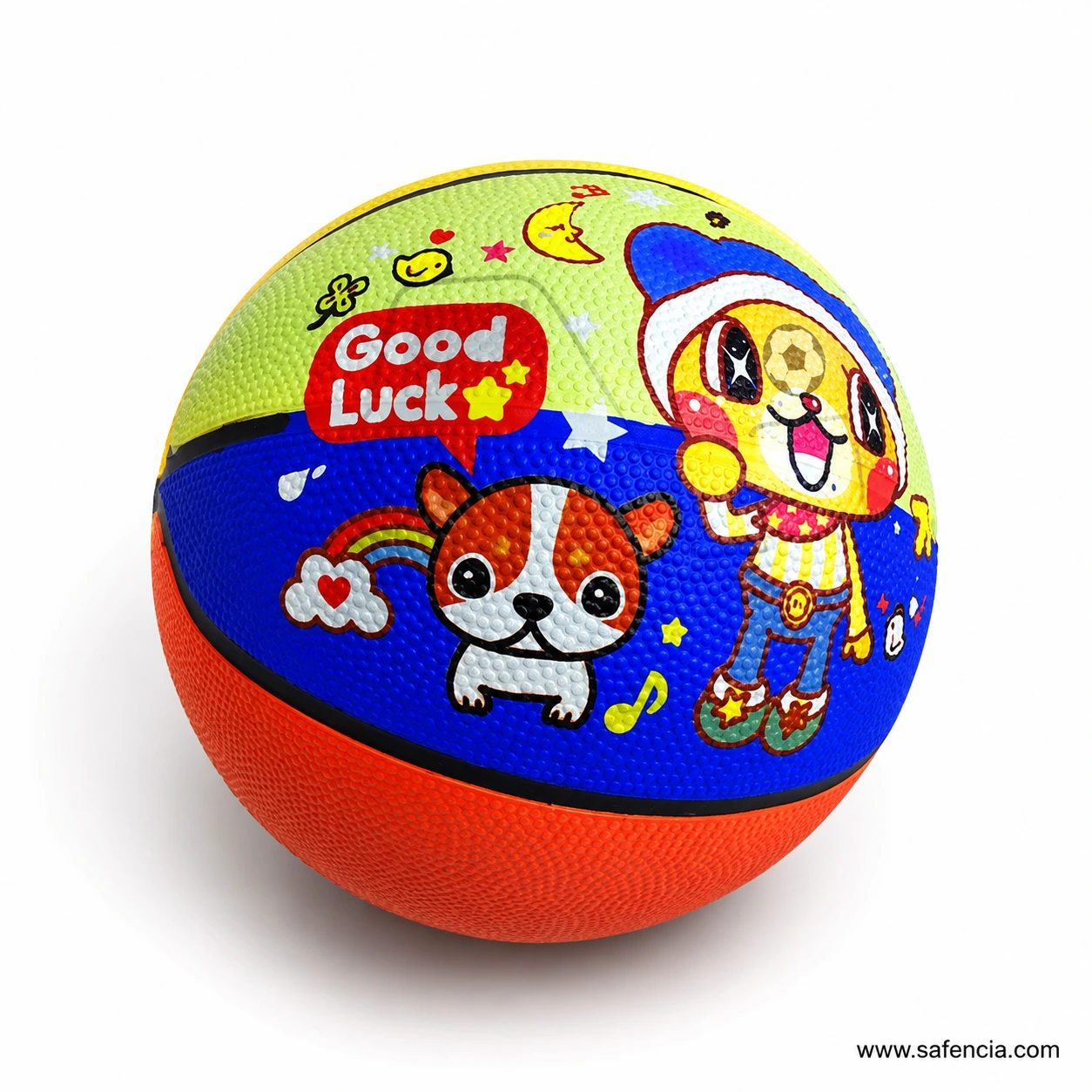 Top view of the multicolour Size 3 kids basketball with a playful cartoon design and orange base