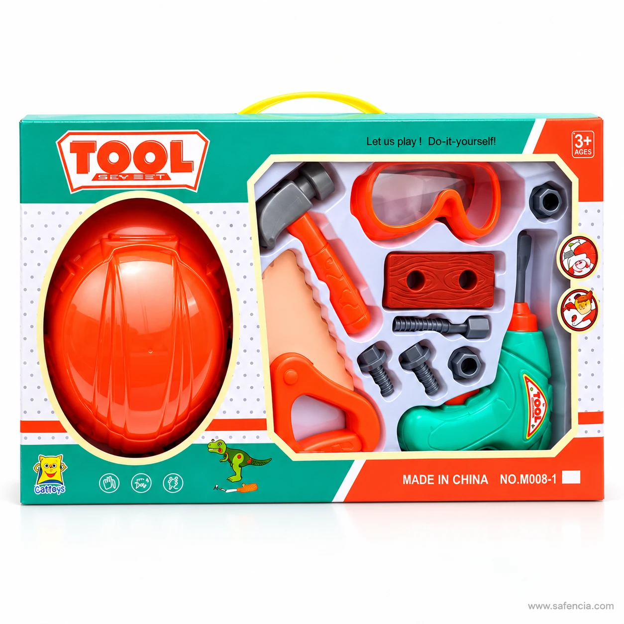 Front of the TOOL window box marked 3+ and No. M008-1 showing the orange hard hat, goggles, hammer, saw, drill and bolts inside