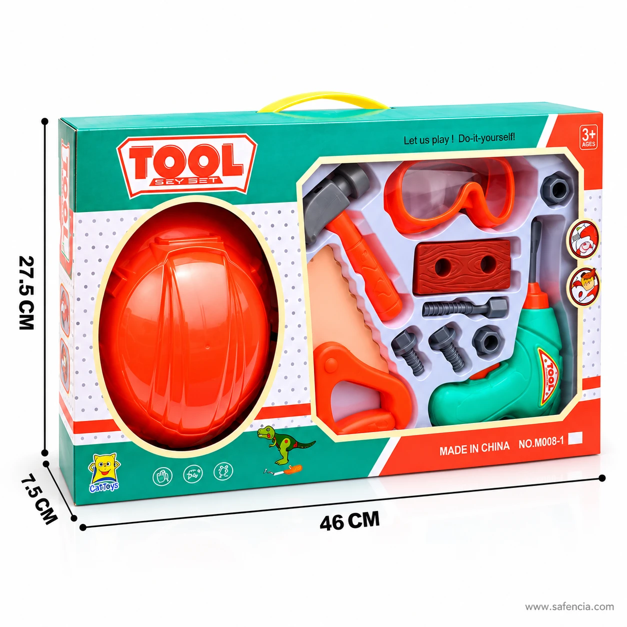 Helmet construction tool set box measured at 46 cm wide, 27.5 cm tall and 7.5 cm deep, with a yellow carry handle on top