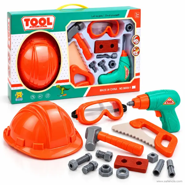Kids Builder Tool Set with Helmet, Goggles, Toy Drill, Hammer and Saw