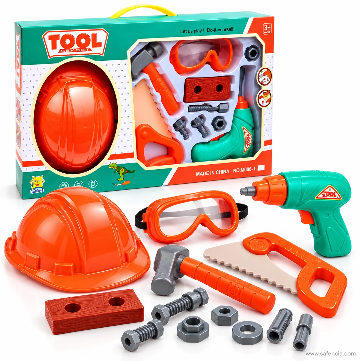 Orange toy hammer and saw with the wood-grain block, grey bolts and hex nuts beside the hard hat, goggles and teal drill