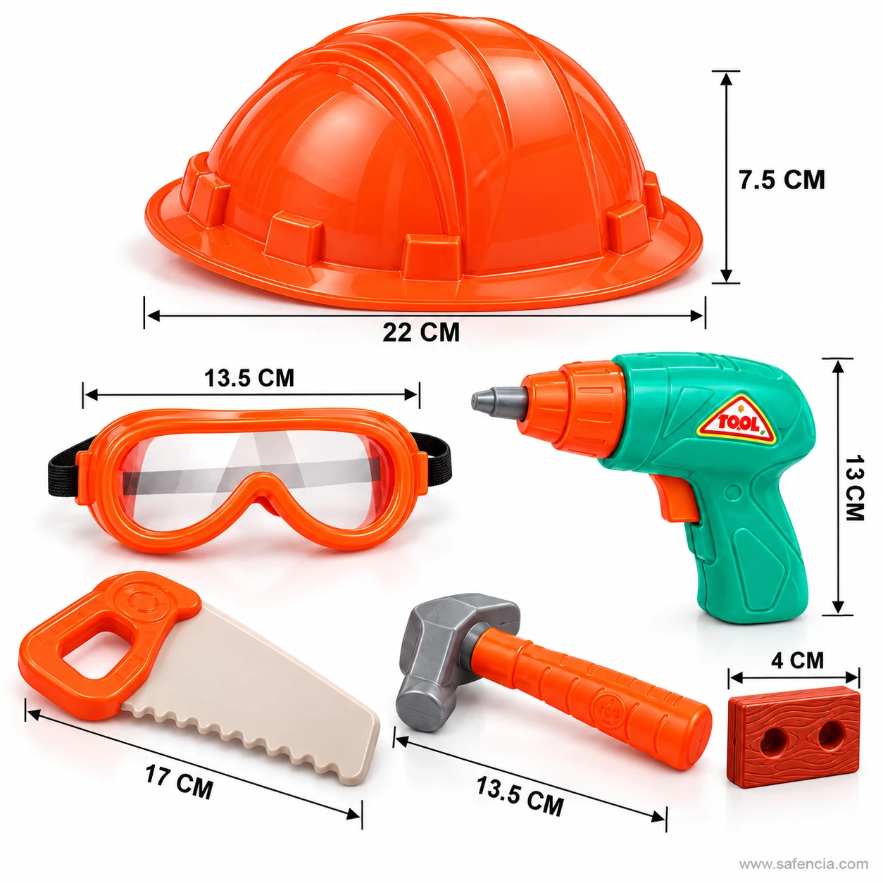 Size guide for the helmet tool set: hard hat 22 cm across and 7.5 cm tall, goggles 13.5 cm, drill 13 cm, saw 17 cm, hammer 13.5 cm